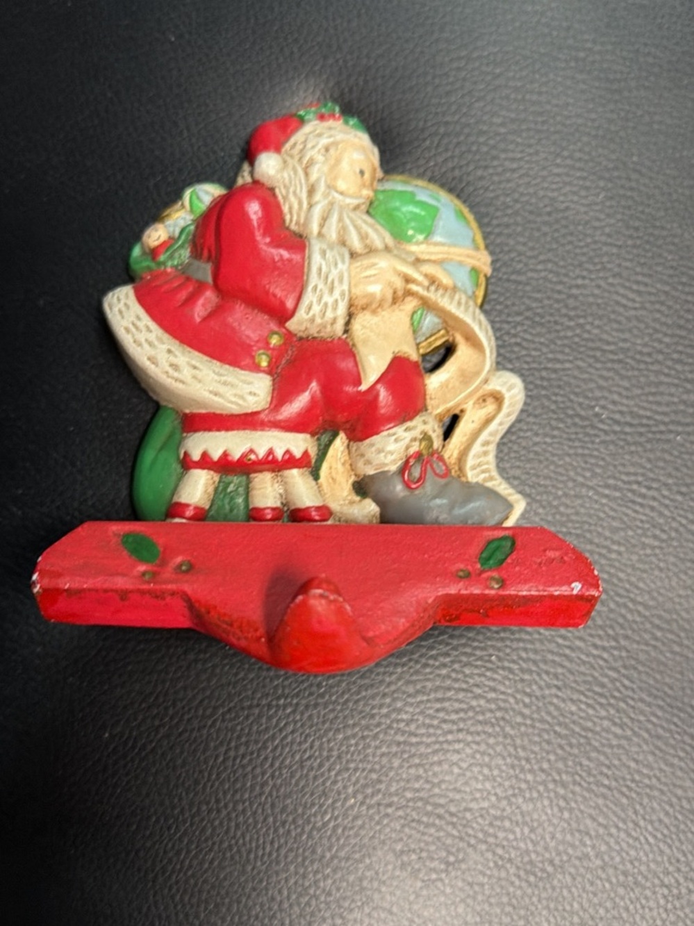 Santa Claus Decorative stocking ceramic plaque with hook Red, Green, Cream